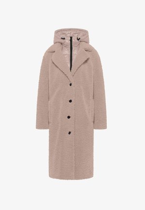 Lichtbeige sherpa jas met een afneembare glanzende capuchon, voorzien van een notched kraag, voorzakken en zwarte knopen. Zacht van structuur.