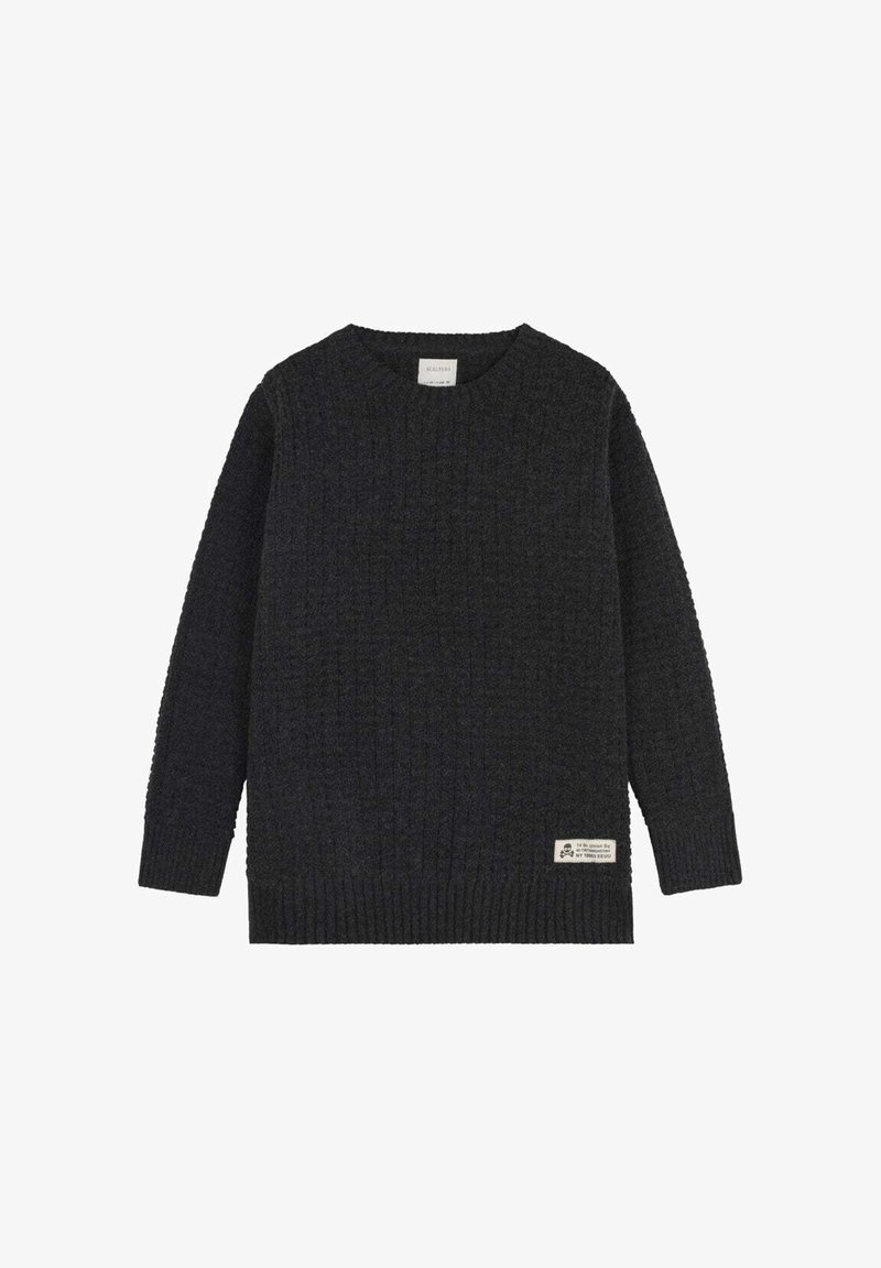 Ciemnoszary sweter dziany o prążkowanej teksturze, okrągłym dekolcie i długich rękawach. Posiada małą, firmową metkę po dolnej stronie.