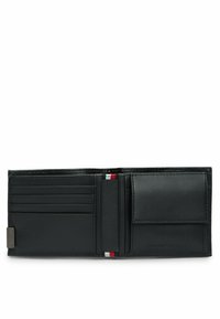 Schwarze Lederbörse mit mehreren Kartenfächern, einem Münzfach und einer strukturierten Oberfläche. Verfügt über rot-, weiß- und blaufarbene Akzente im Inneren.