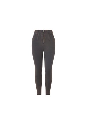 Leggings de mezclilla gris oscuro de cintura alta con cremallera frontal y dos bolsillos laterales. Textura suave, ajuste slim y piernas estrechas.