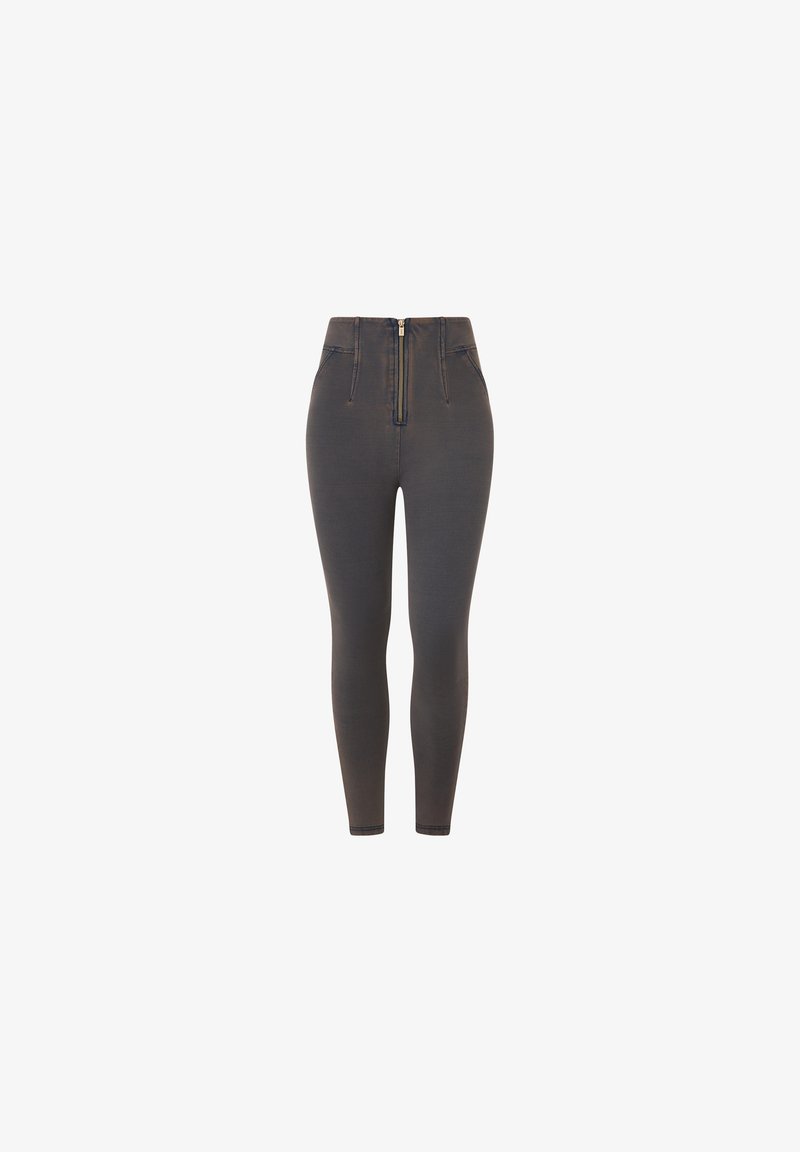 Leggings de mezclilla gris oscuro de cintura alta con cremallera frontal y dos bolsillos laterales. Textura suave, ajuste slim y piernas estrechas.
