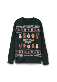 Pull tricot vert foncé avec des motifs de fête, comprenant des bonhommes de neige, des rennes, le Père Noël et des bonshommes en pain d'épice. Texte : "CHRISTMAS SQUAD".