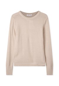 Maglione beige a maniche lunghe in maglia con collo a girocollo a coste, polsini e orlo, taglia piccola, esposto su uno sfondo bianco.