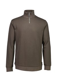 Brown, long-sleeve sweatshirt with a high collar and a zipper. Made from soft fabric, featuring a ribbed hem and cuffs. Simple design.