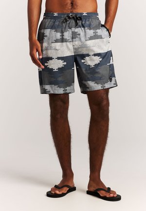 Blauwe en grijze zwemshorts met een geruit patroon. Voorzien van een elastische tailleband met trekkoord en zijzakken.