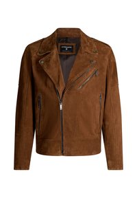 Brune suède motorjack met een asymmetrische rits, drukknopkraag en drie ritszakken. Zachte textuur en aansluitend ontwerp.