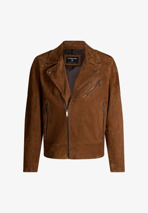 Braune Wildleder-Motorradjacke mit asymmetrischem Reißverschluss, Druckknopfkragen und drei Reißverschluss-Taschen. Weiche Textur und taillierte Passform.