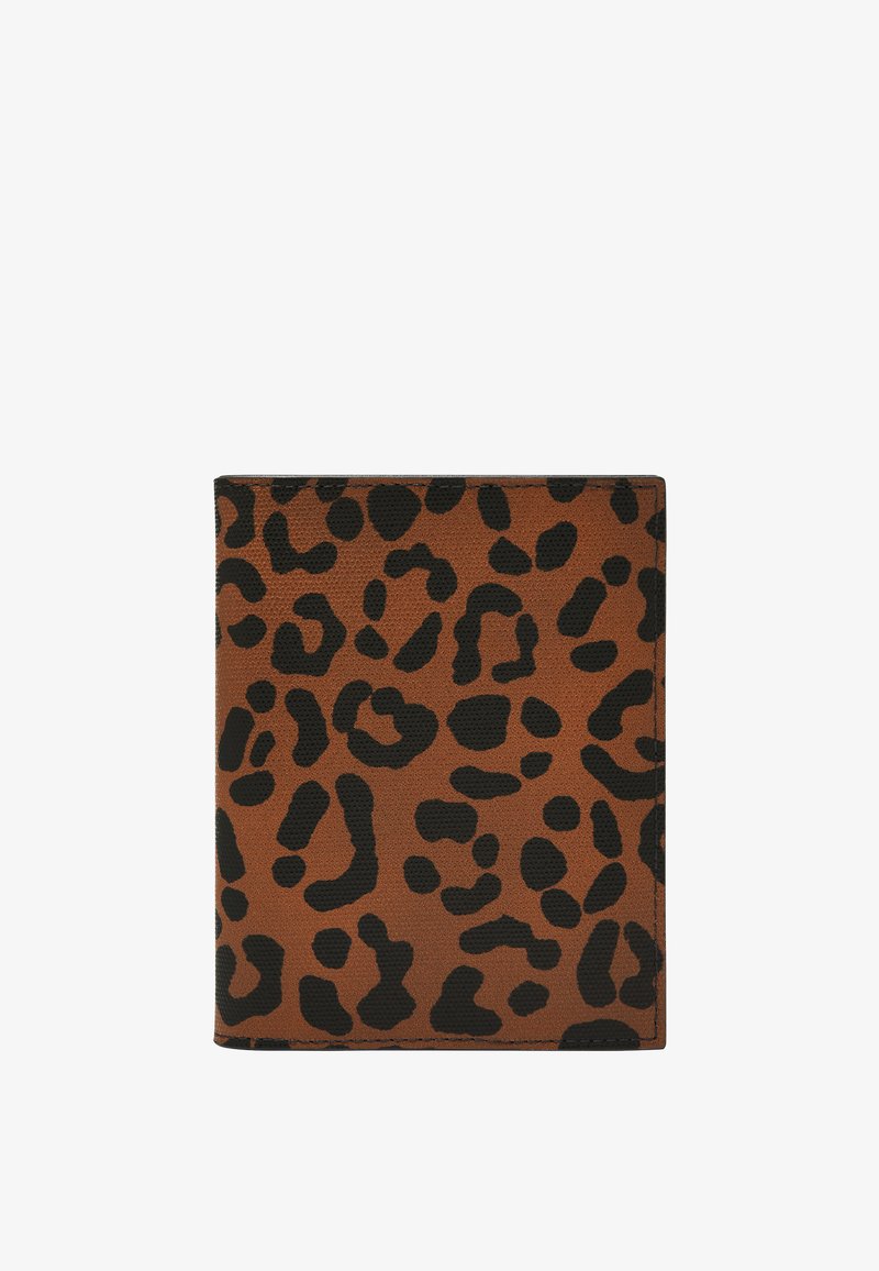 Geldbörse mit Leopardenmuster aus strukturiertem braunem Leder, mit schwarzen Flecken, rechteckiger Form und sauberem Finish ohne sichtbare Beschläge.