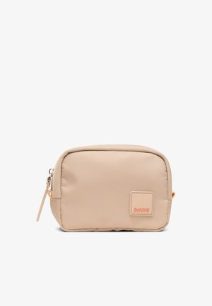 Small beige rectangular zippered pouch with rounded edges and a stitched square logo patch on front right side.