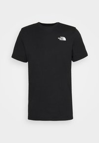 Black cotton t-shirt with a round neckline, short sleeves, and a small white logo on the left chest area. Smooth texture and regular fit.