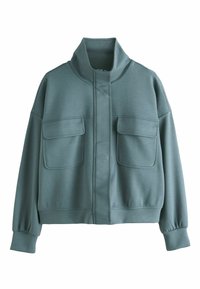 Cropped jacket in muted teal, made of soft fabric. Features a high collar, two front pockets, and ribbed cuffs. Smooth texture throughout.