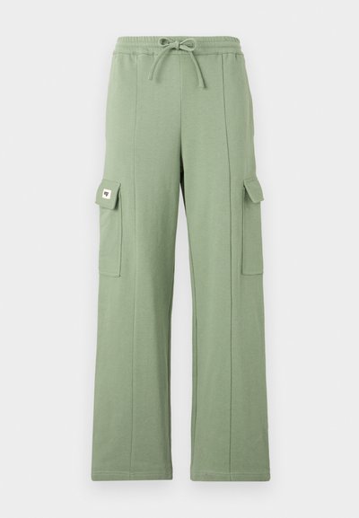 Light green cargo pants made of cotton blend; features elastic waist, drawstring, wide leg, and two side pockets with flap closures.