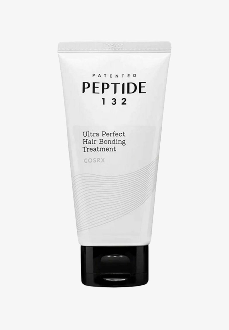 Tube de COSRX Patented Peptide 132 Ultra Perfect Hair Bonding Treatment avec un corps blanc et un bouchon à clapet noir.
