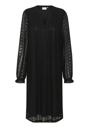 Black lace dress with long sleeves, V-neckline, and gathered cuffs. Features a floral pattern and a loose, flowing silhouette.