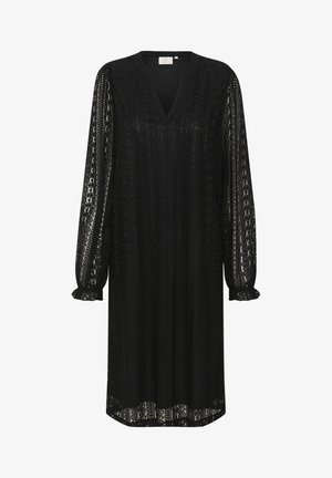 Must kübaraga must pitskleit pikkade varrukate, V-kaeluse ja volditud mansettidega. Omab lillemustrit ja vabalt voolavat siluetti.