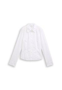 Witte lange mouwen shirt met een puntige kraag, sluiting met knopen aan de voorkant en afgeronde zoom. Geweven stof met subtiele strepen.