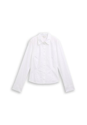 Fehér, hosszú ujjú ing, hegyes gallérral, elől gombos záródással és ívelt szegéllyel. Texturált anyag, finom csíkokkal.