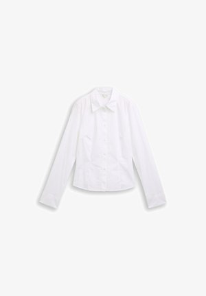 Biała koszula z długimi rękawami, z wykładanym kołnierzykiem, z przodu zapinana na guziki, z zaokrąglonym dołem. Teksturowana tkanina z delikatnymi paskami.