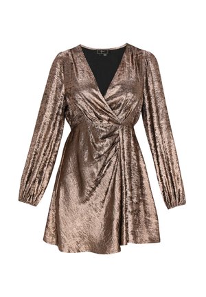 Bronze metallic wrap dress with long sleeves, a deep V-neck, gathered waist, and flowing skirt. Textured surface with a glossy finish.