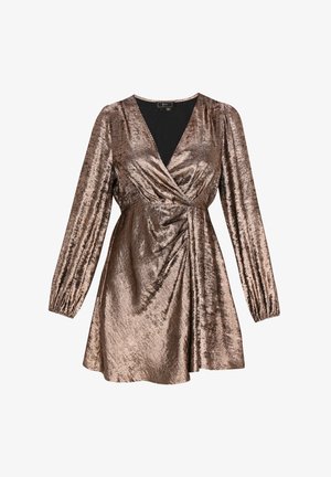 Bronzové metalické zavinovací šaty s dlouhými rukávy, hlubokým výstřihem do V, nařaseným pasem a splývavou sukní. Texturovaný povrch s lesklým finišem.