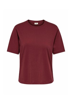 Plain short-sleeve crew neck t-shirt in dark red, displayed flat on a white background, with label visible inside collar.