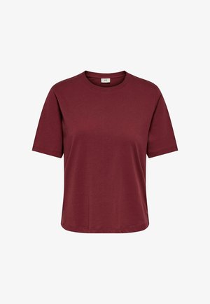 Plain short-sleeve crew neck t-shirt in dark red, displayed flat on a white background, with label visible inside collar.