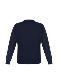 Granatowy sweter z długimi rękawami, okrągłym dekoltem i prążkowanymi mankietami. Gładka tekstura, minimalistyczny design, bez widocznych wzorów czy ozdób.