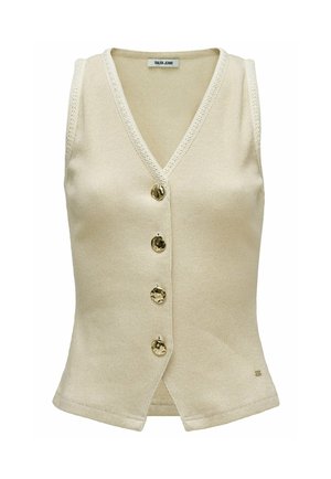 Gilet sans manches beige en maille avec col en V, finition texturée, quatre boutons dorés irréguliers sur le devant et un petit logo en métal près de l'ourlet.