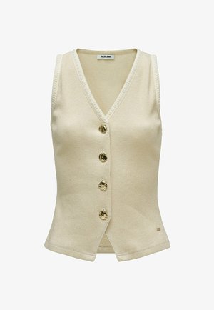 Gilet sans manches beige en maille avec col en V, finition texturée, quatre boutons dorés irréguliers sur le devant et un petit logo en métal près de l'ourlet.