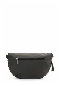 Melna pusapaļa jostas soma ar priekšējo rāvējslēdzēja kabatu un regulējamu siksnu, izgatavota no gludas auduma.