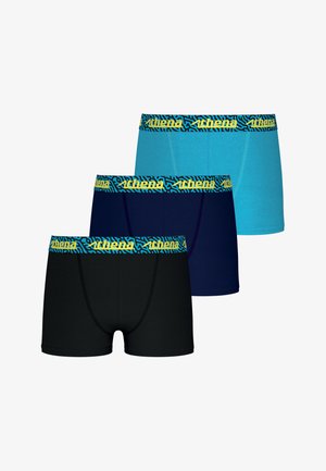Trois paires de boxers : noir, bleu marine et turquoise. Chacune présente une ceinture élastique à motifs avec le texte "athena" en jaune et bleu.