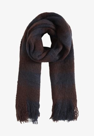 Écharpe en laine douce et épaisse, à rayures horizontales marron foncé et grises, bouclée lâchement avec des extrémités frangées.