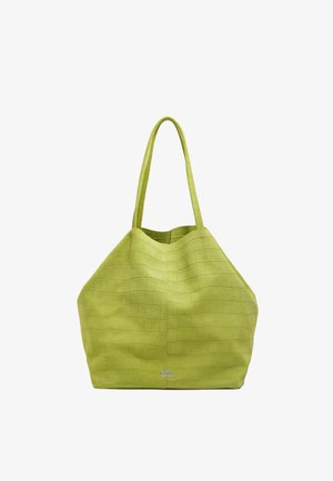 Borsa a mano verde lime con motivo a griglia strutturata, dotata di due manici robusti e di un accento logo alla base.