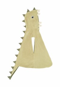 Vihreä dinosaurus-teemainen huppupyyhe, jossa on teksturoitu, pehmeä kangas. Ominaisuuksiin kuuluvat kolmiomaiset evät, terävät hampaat ja suuret silmäkoristeet.