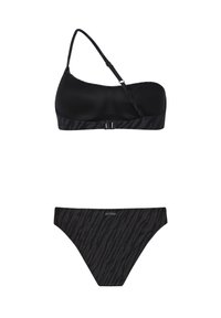 Čierny bikinový set s bandeau vrchom, ktorý má nastaviteľné popruhy a zapínanie na sponu. Spodná časť má čierny prúžkovaný vzor. Hladká textúra.