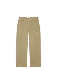 Khaki cargo kalhoty s širokými nohavicemi, zapínáním na knoflík, poutky na opasek a velkými klopovými kapsami na obou stehnech.