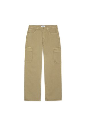 Khaki cargo hlače s širokimi nogami, gumbom za zapiranje, obročki za pas ter velikimi flap žepi na obeh stegnah.