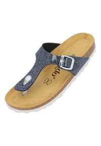 Blå glittrande flip-flop-sandal med tånör och justerbar spänne, korkfotbädd och vit gummisula. Platt design för avslappnad användning.