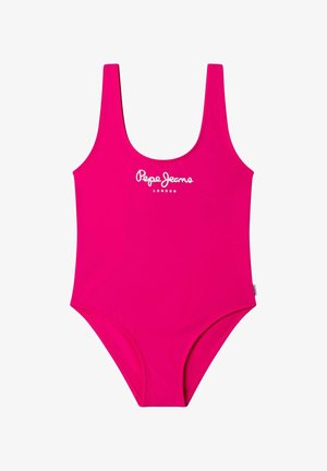Spilgti rozā viendaļīgs peldkostīms ar platām lencēm un baltu "Pepe Jeans London" logotipu centrā uz krūtīm.