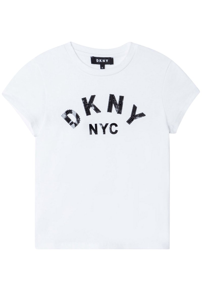 Bílá bavlněná tričko s krátkým rukávem, kulatým výstřihem a černým flitrovým logem s nápisem "DKNY NYC" v zakřiveném písmu.