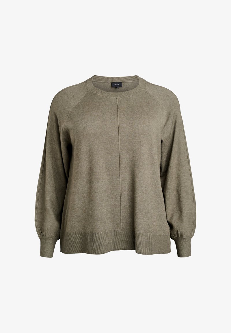 Suéter de punto verde con cuello redondo, mangas raglán y dobladillo acanalado. Textura suave. Diseño minimalista sin patrones ni acentos.