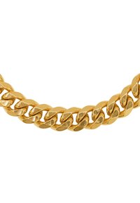 Collana in metallo color oro con anelli ovali intrecciati, caratterizzata da una superficie lucida e una texture liscia.