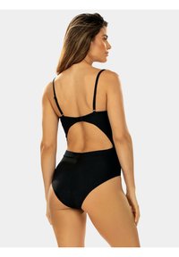 Czerny, prążkowany jednoczęściowy strój kąpielowy z cienkimi, regulowanymi ramiączkami, otwartym plecami oraz wysokim stanem i gładką fakturą.