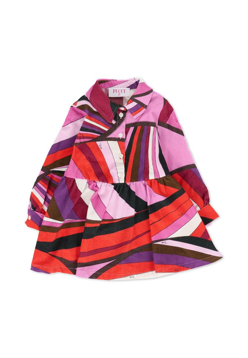 Abito colorato con colletto a bottoni, maniche lunghe e gonna a strati. I motivi in rosso, rosa, marrone e viola creano un look audace.