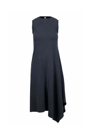 Navy mouwloze jurk van zachte stof, met een ronde halslijn, asymmetrische zoom en een vloeiende silhouet met subtiele zijdrapping.