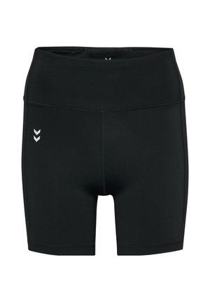 Zwarte sportshorts van rekbaar materiaal, met een hoge Tailleband, platte naden en een wit logo aan de linkerkant.