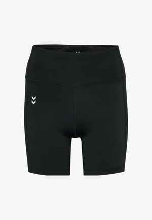 Czarne sportowe szorty wykonane z elastycznego materiału, z wysokim paskiem w talii, płaskimi szwami i białym logo po lewej stronie.