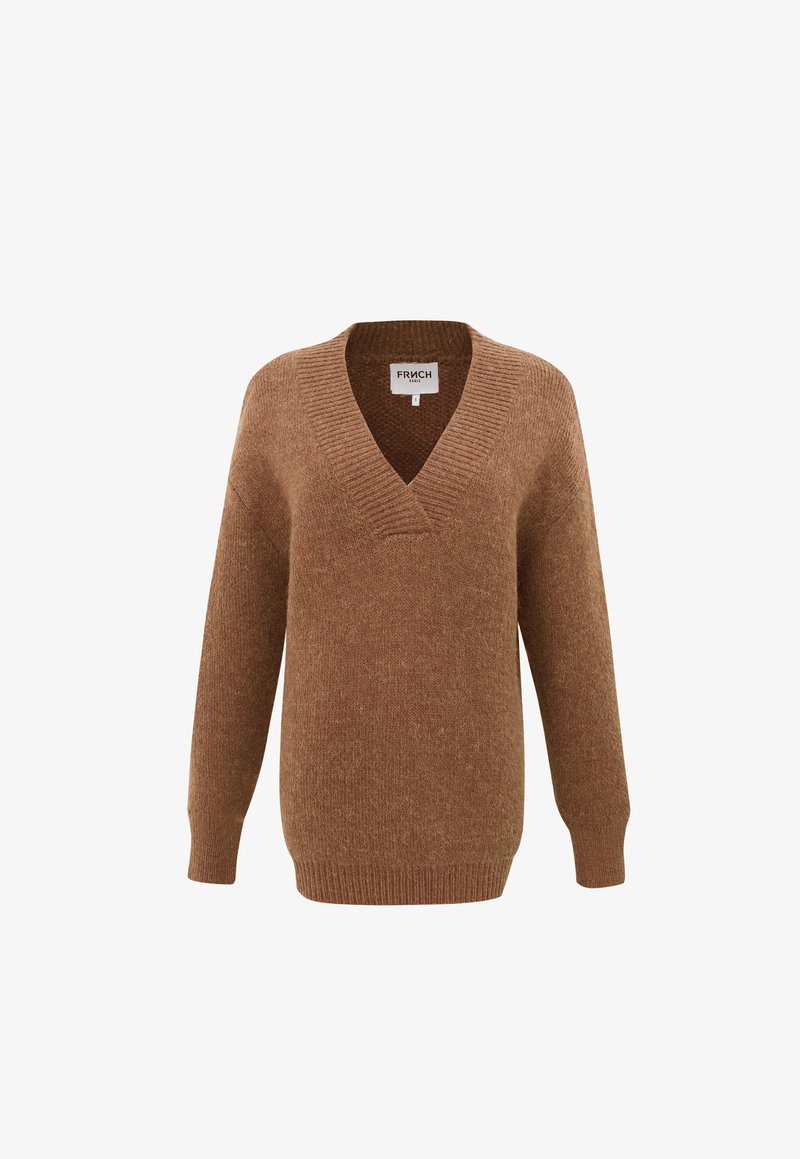 Brun stickad tröja med V-ringning, långa ärmar, ribbade mudd och fåll. Mjuk textur och avslappnad passform, lämplig för vardagsbruk.