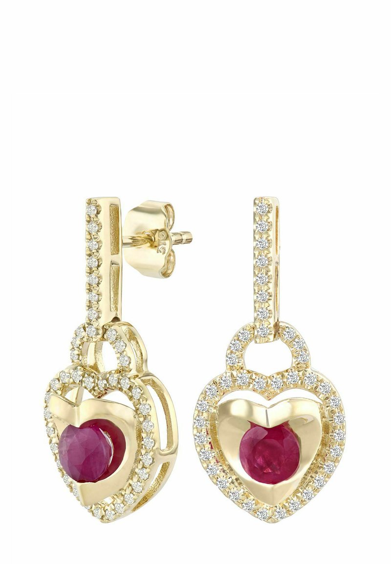 Kullast südamekujulised kõrvarõngad, mille keskel on punane vääriskivi ja ümberringi väikesed läbipaistvad kivid. Metalli tekstuuriga aktsendid.