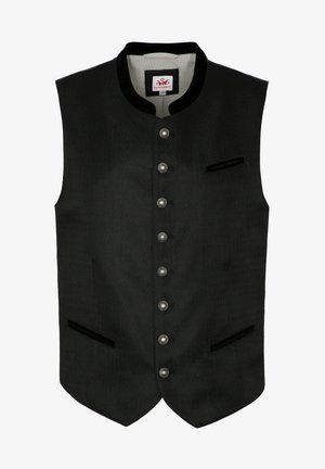 Zwarte visgraat gilet met een ronde kraag, zes zilveren knopen en twee zakken, met zwarte fluwelen accenten op de kraag en de zak.